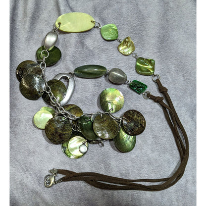 Bohemian Green Shell And Metal Beaded Necklace On Brown Suede Cord