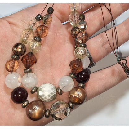 Earthy Glam Multistrand Acrylic Brown Clear Beaded Necklace 16 Inch
