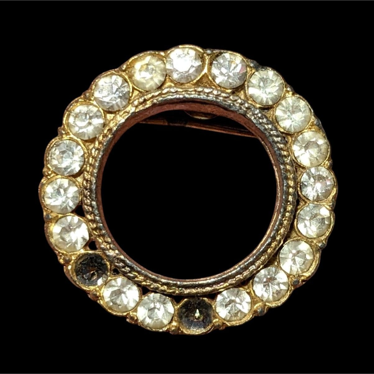 Vintage AJC Gold Tone Open Circle Rhinestone Brooch