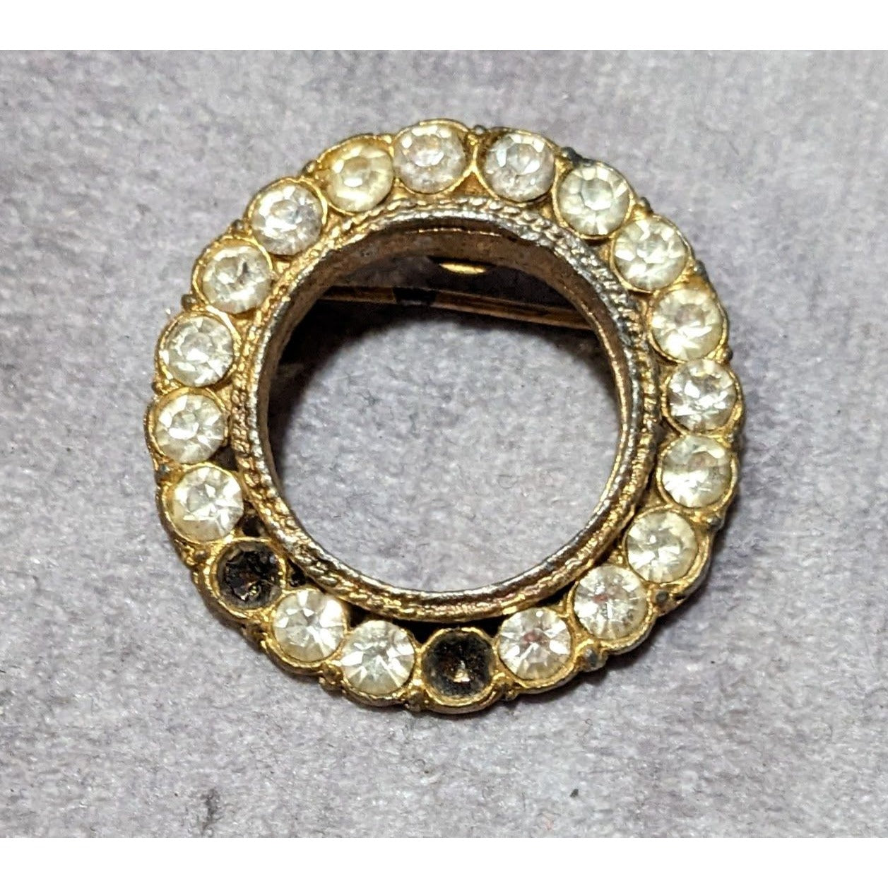 Vintage AJC Gold Tone Open Circle Rhinestone Brooch