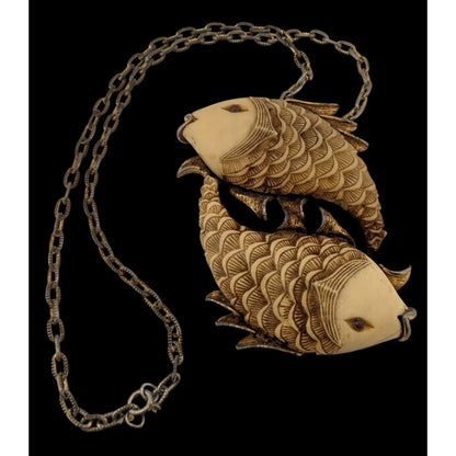 Vintage 1970s Luca Razza Pisces Fish Pendant Necklace 19" Chain 3.5" Cream & Gold Pendant Astrological Jewelry