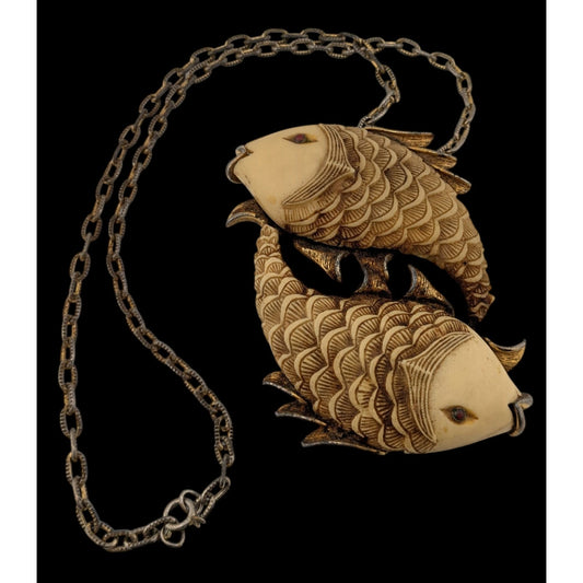 Vintage 1970s Luca Razza Pisces Fish Pendant Necklace 19" Chain 3.5" Cream & Gold Pendant Astrological Jewelry