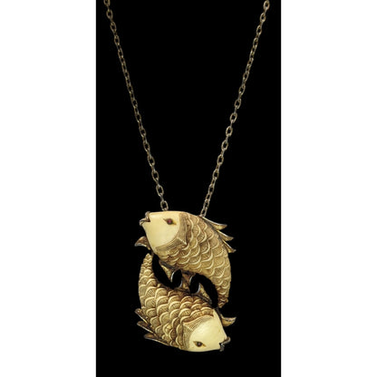 Vintage 1970s Luca Razza Pisces Fish Pendant Necklace 19" Chain 3.5" Cream & Gold Pendant Astrological Jewelry