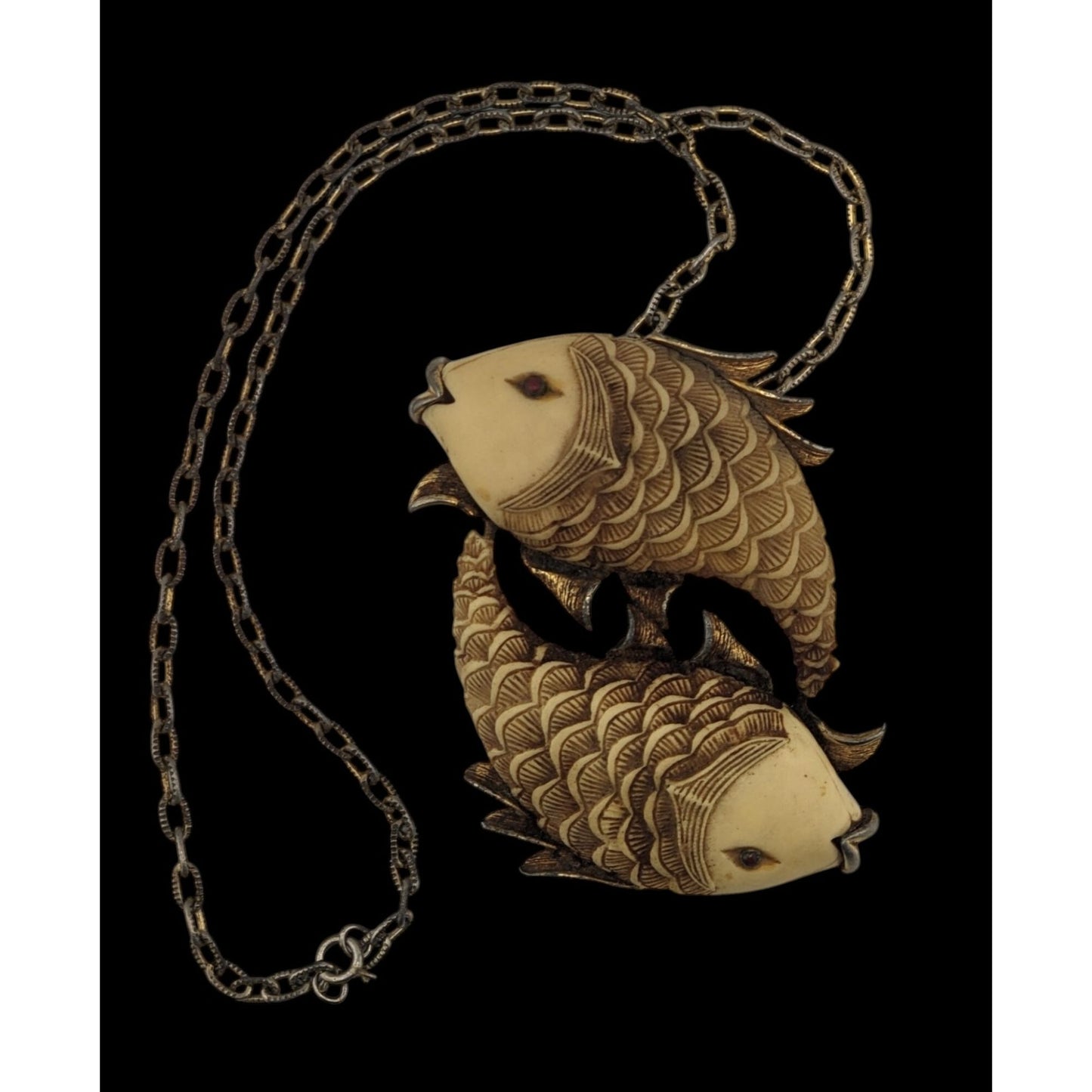 Vintage 1970s Luca Razza Pisces Fish Pendant Necklace 19" Chain 3.5" Cream & Gold Pendant Astrological Jewelry