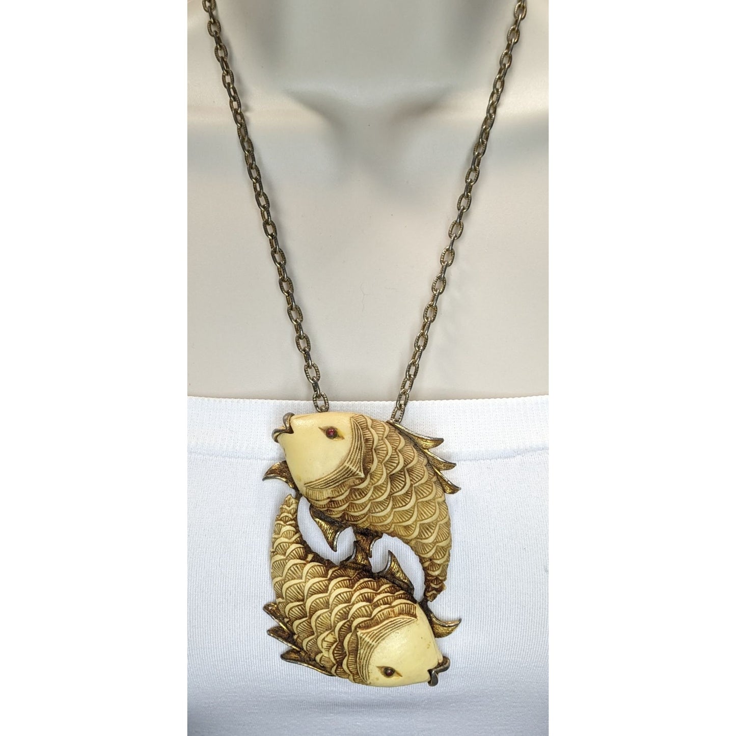 Vintage 1970s Luca Razza Pisces Fish Pendant Necklace 19" Chain 3.5" Cream & Gold Pendant Astrological Jewelry