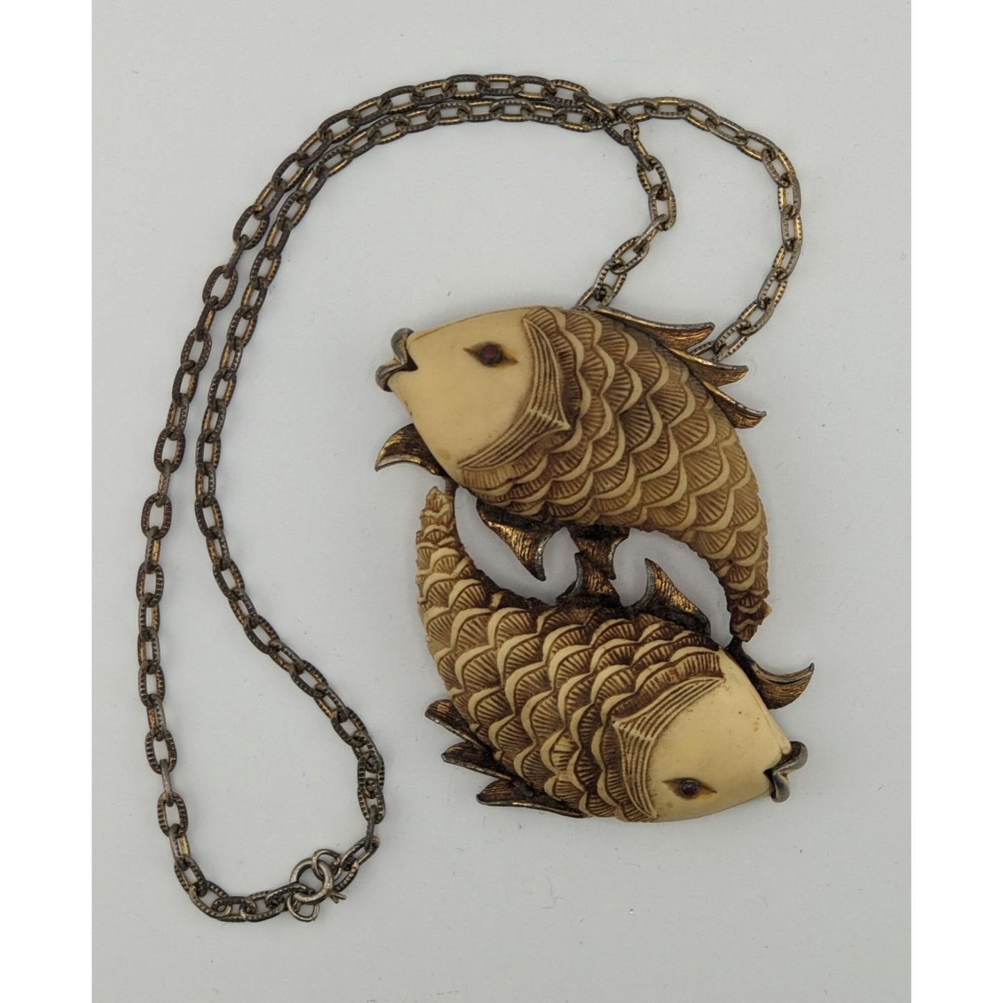 Vintage 1970s Luca Razza Pisces Fish Pendant Necklace 19" Chain 3.5" Cream & Gold Pendant Astrological Jewelry