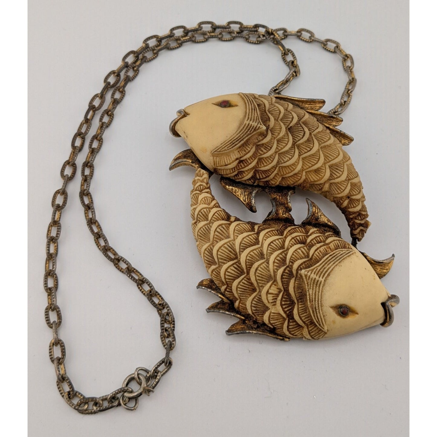 Vintage 1970s Luca Razza Pisces Fish Pendant Necklace 19" Chain 3.5" Cream & Gold Pendant Astrological Jewelry