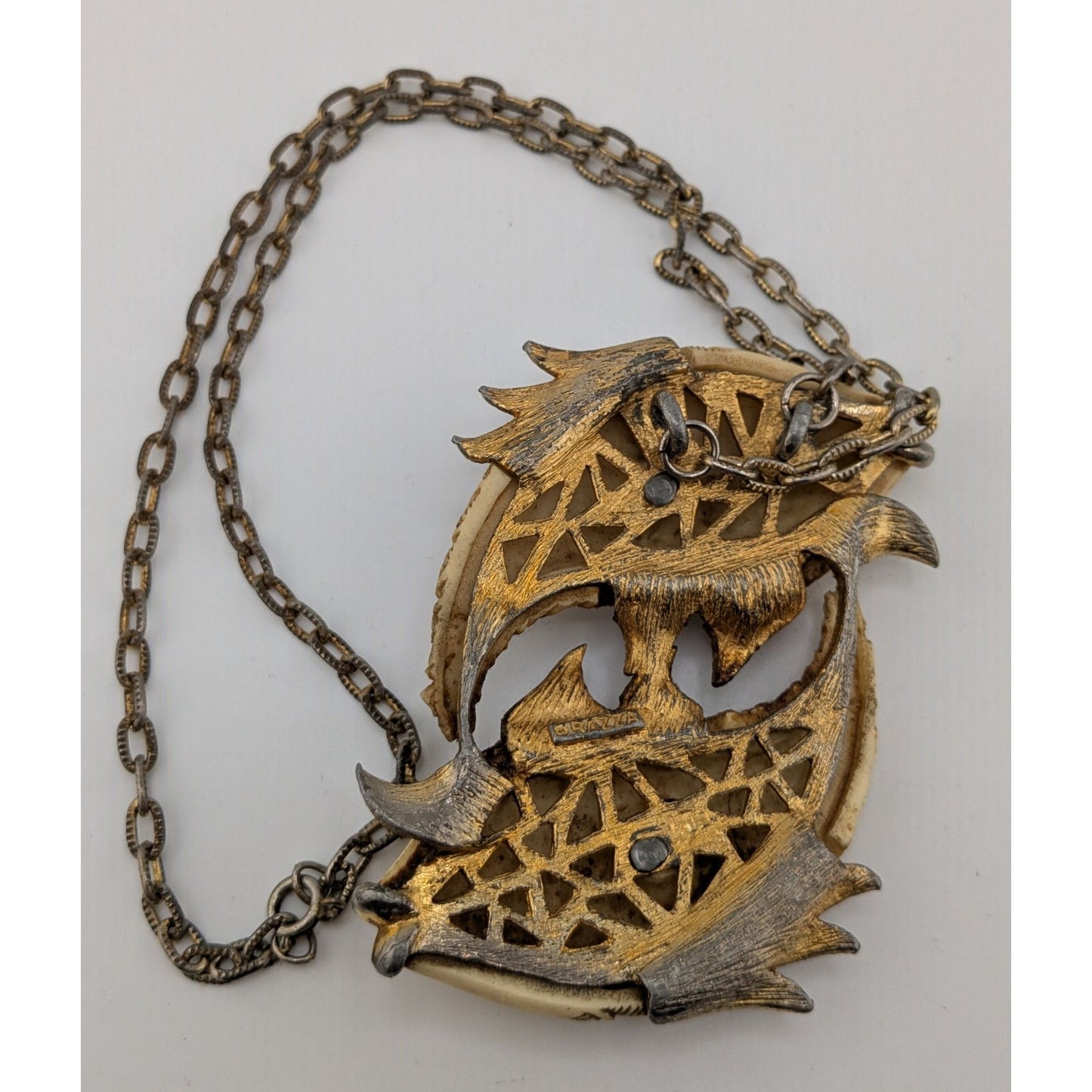 Vintage 1970s Luca Razza Pisces Fish Pendant Necklace 19" Chain 3.5" Cream & Gold Pendant Astrological Jewelry