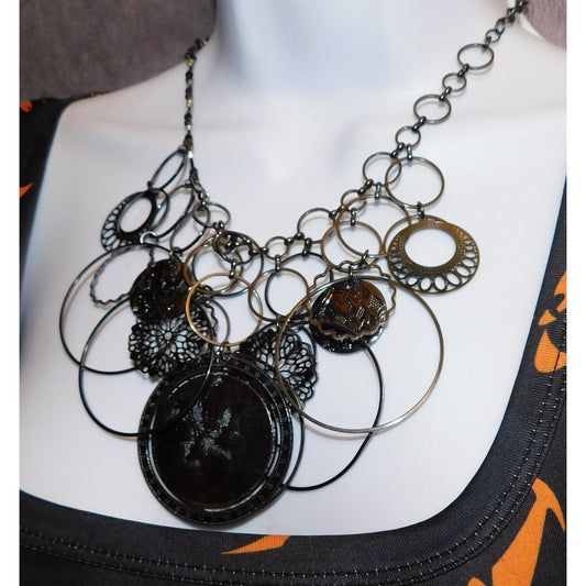 Abstract Floral Elephant Silver Tone Medallion Necklace