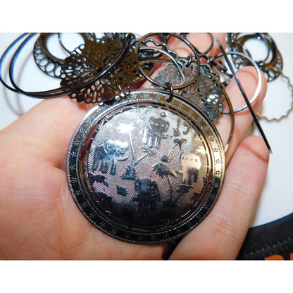 Abstract Floral Elephant Silver Tone Medallion Necklace