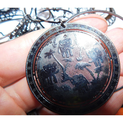 Abstract Floral Elephant Silver Tone Medallion Necklace