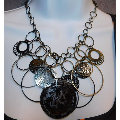 Abstract Floral Elephant Silver Tone Medallion Necklace