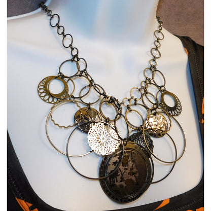 Abstract Floral Elephant Silver Tone Medallion Necklace