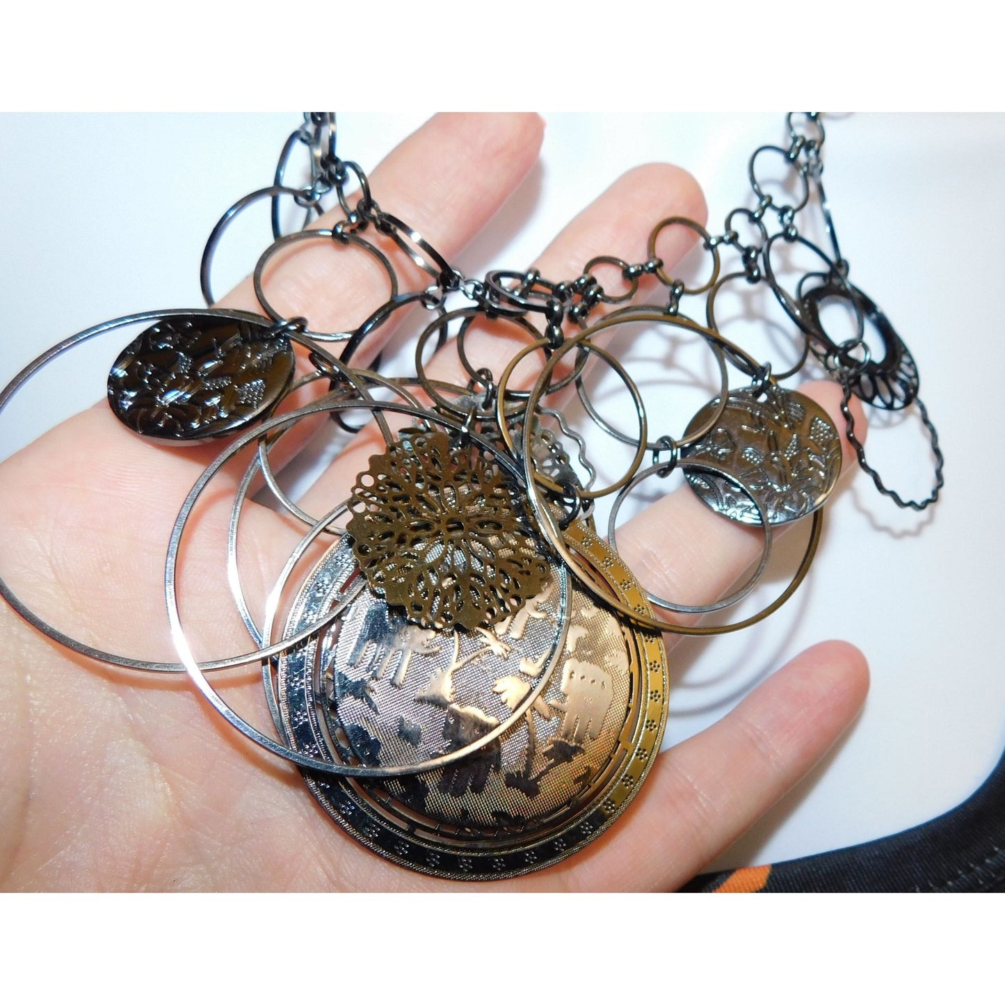 Abstract Floral Elephant Silver Tone Medallion Necklace