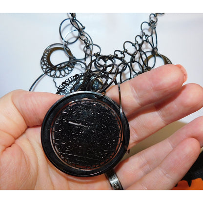 Abstract Floral Elephant Silver Tone Medallion Necklace