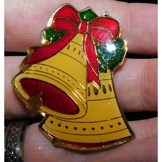 Vintage Metallic Christmas Bells Brooch With Clear Protective Overlay
