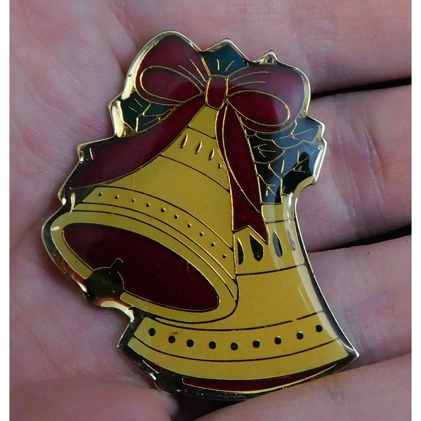 Vintage Metallic Christmas Bells Brooch With Clear Protective Overlay