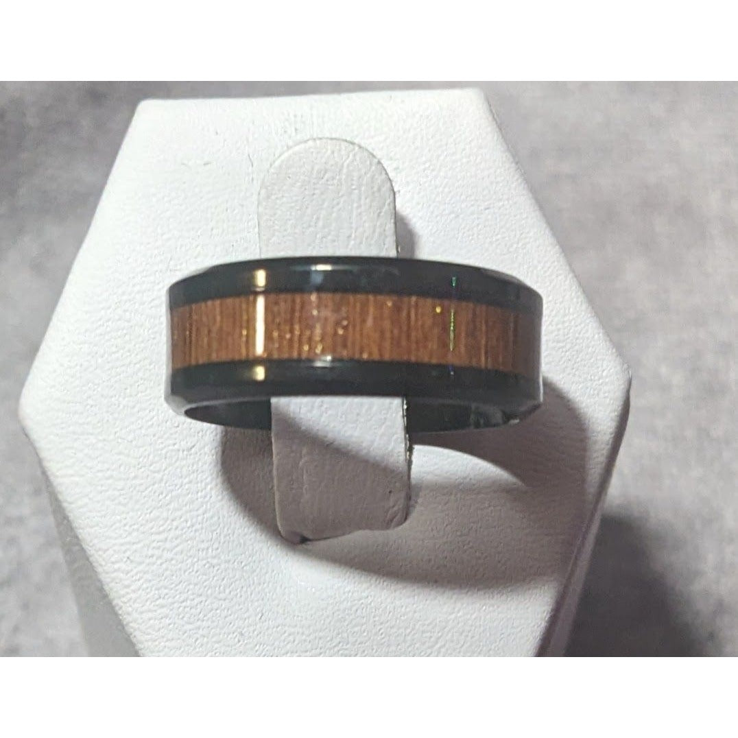 Classic Black Tungsten Carbide Ring With Wood Inlay Size 9 1/2