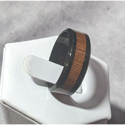 Classic Black Tungsten Carbide Ring With Wood Inlay Size 9 1/2