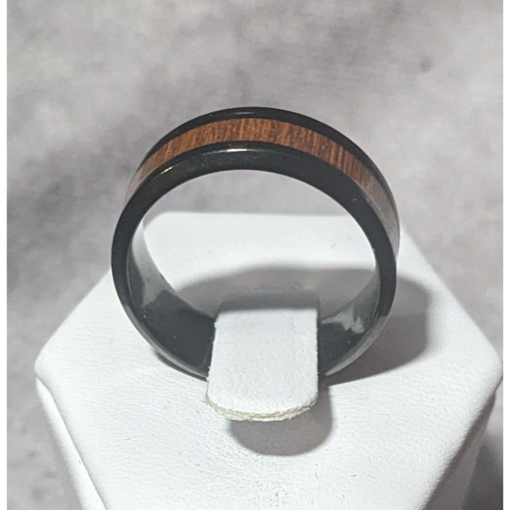 Classic Black Tungsten Carbide Ring With Wood Inlay Size 9 1/2