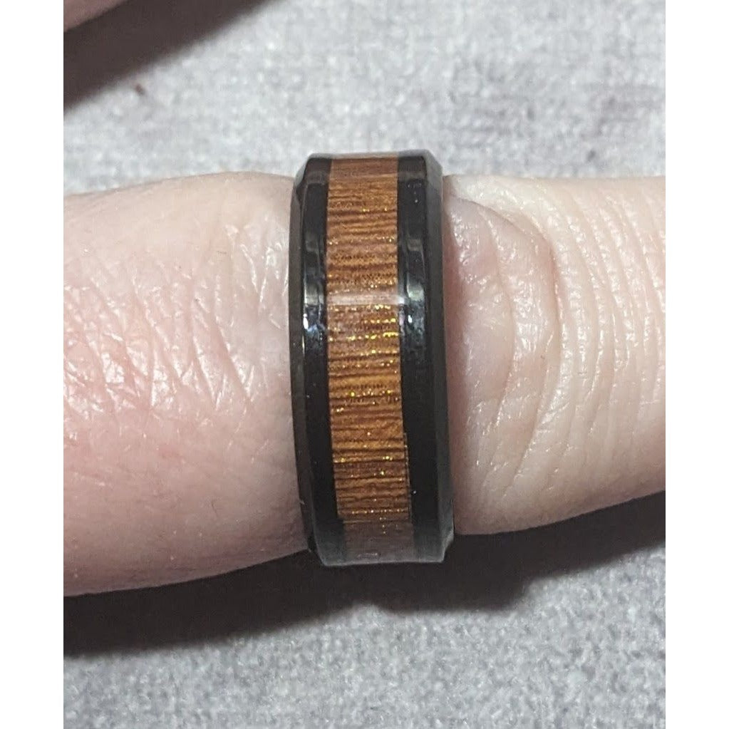 Classic Black Tungsten Carbide Ring With Wood Inlay Size 9 1/2