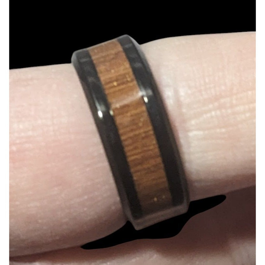 Classic Black Tungsten Carbide Ring With Wood Inlay Size 9 1/2