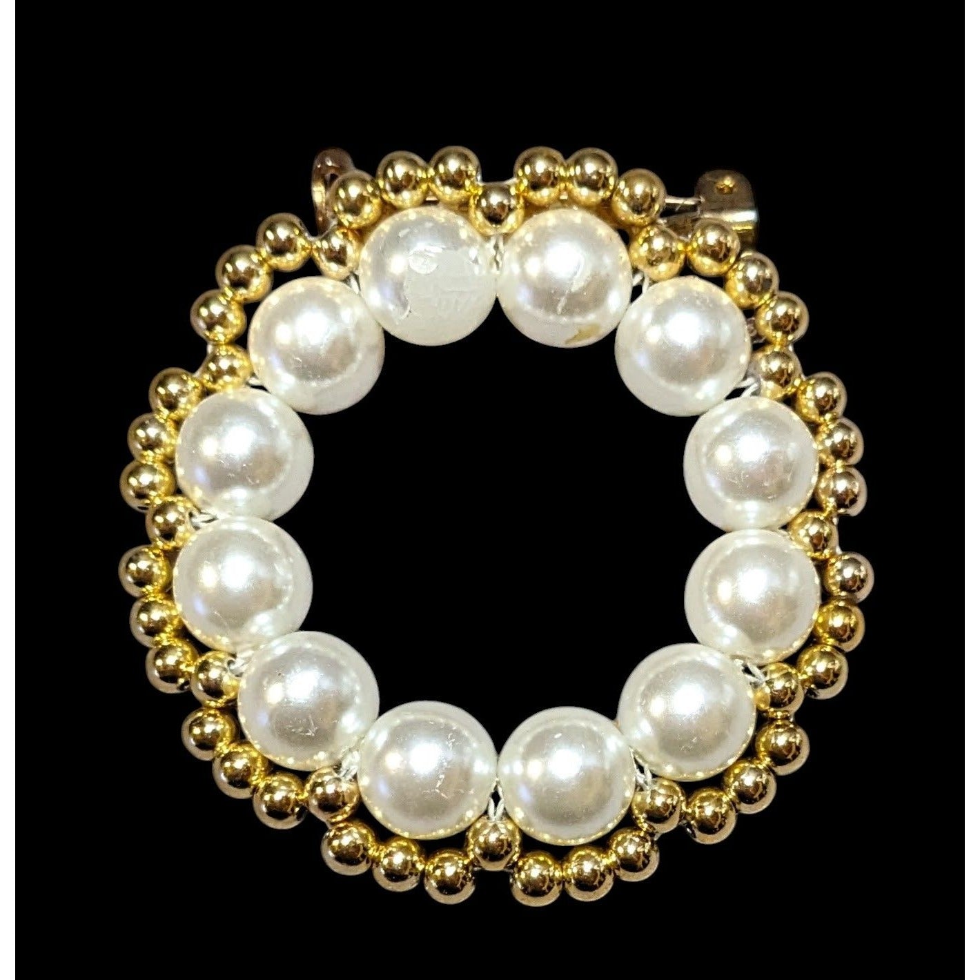 Handmade Beaded Gold Tone Faux Pearl Wreath Brooch