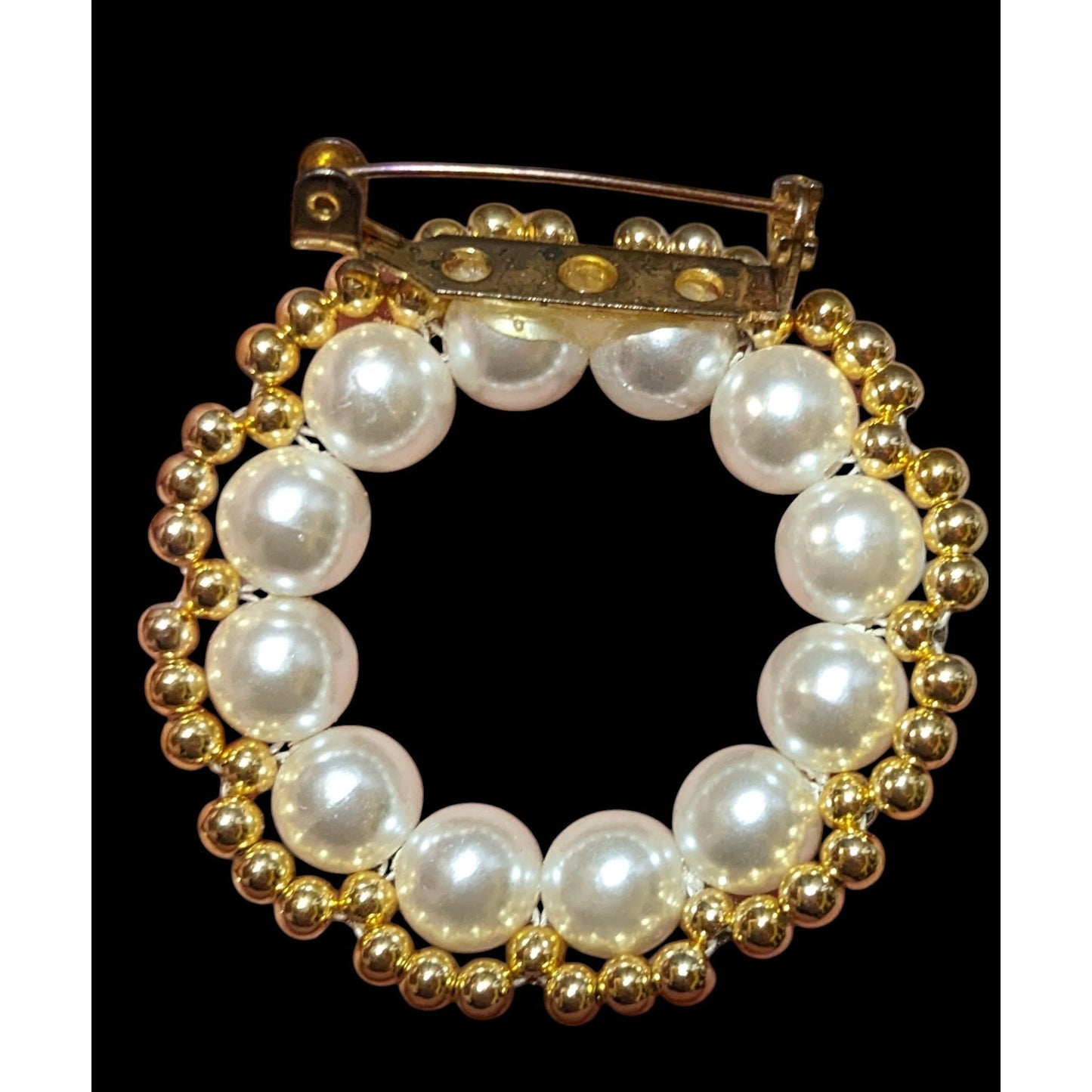 Handmade Beaded Gold Tone Faux Pearl Wreath Brooch