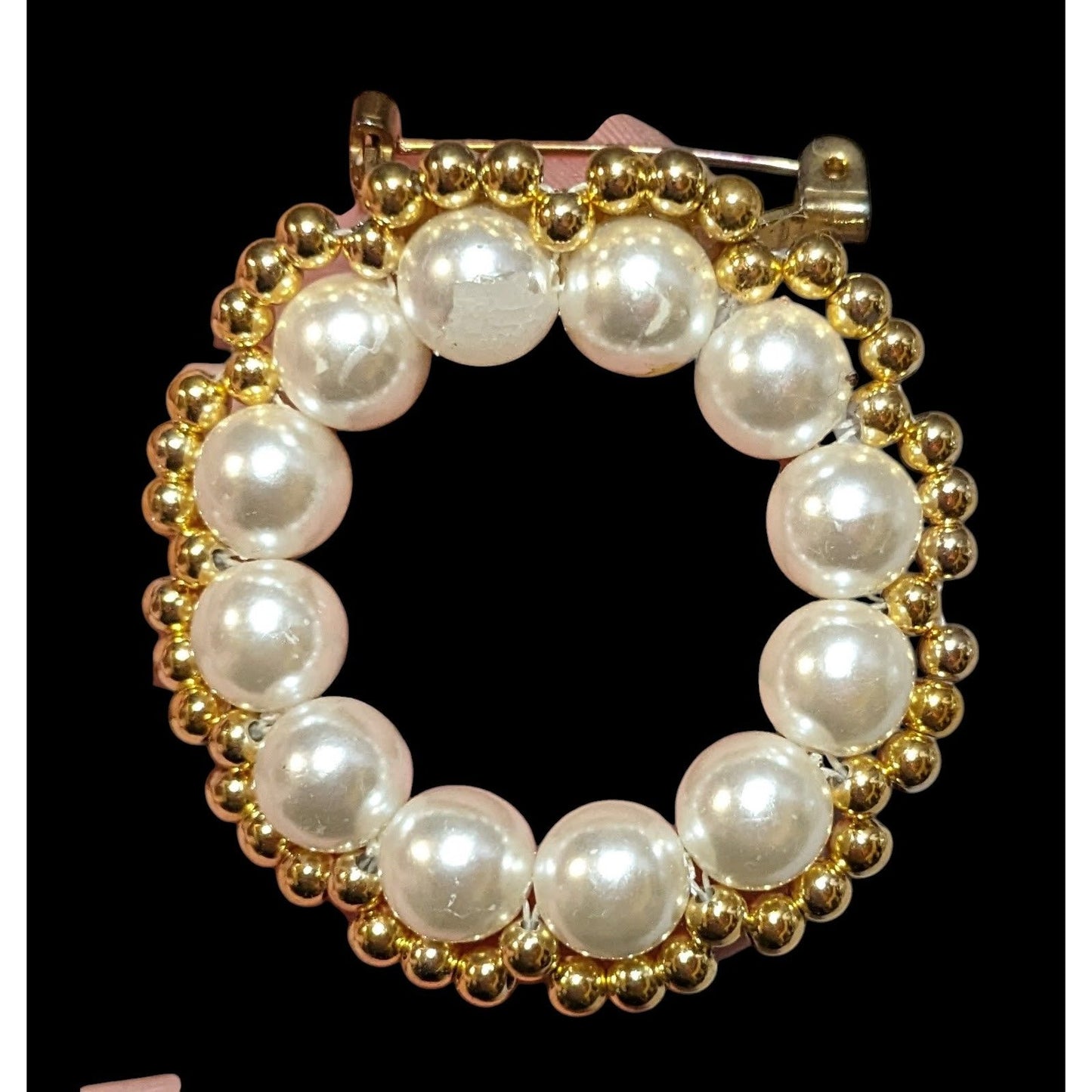 Handmade Beaded Gold Tone Faux Pearl Wreath Brooch