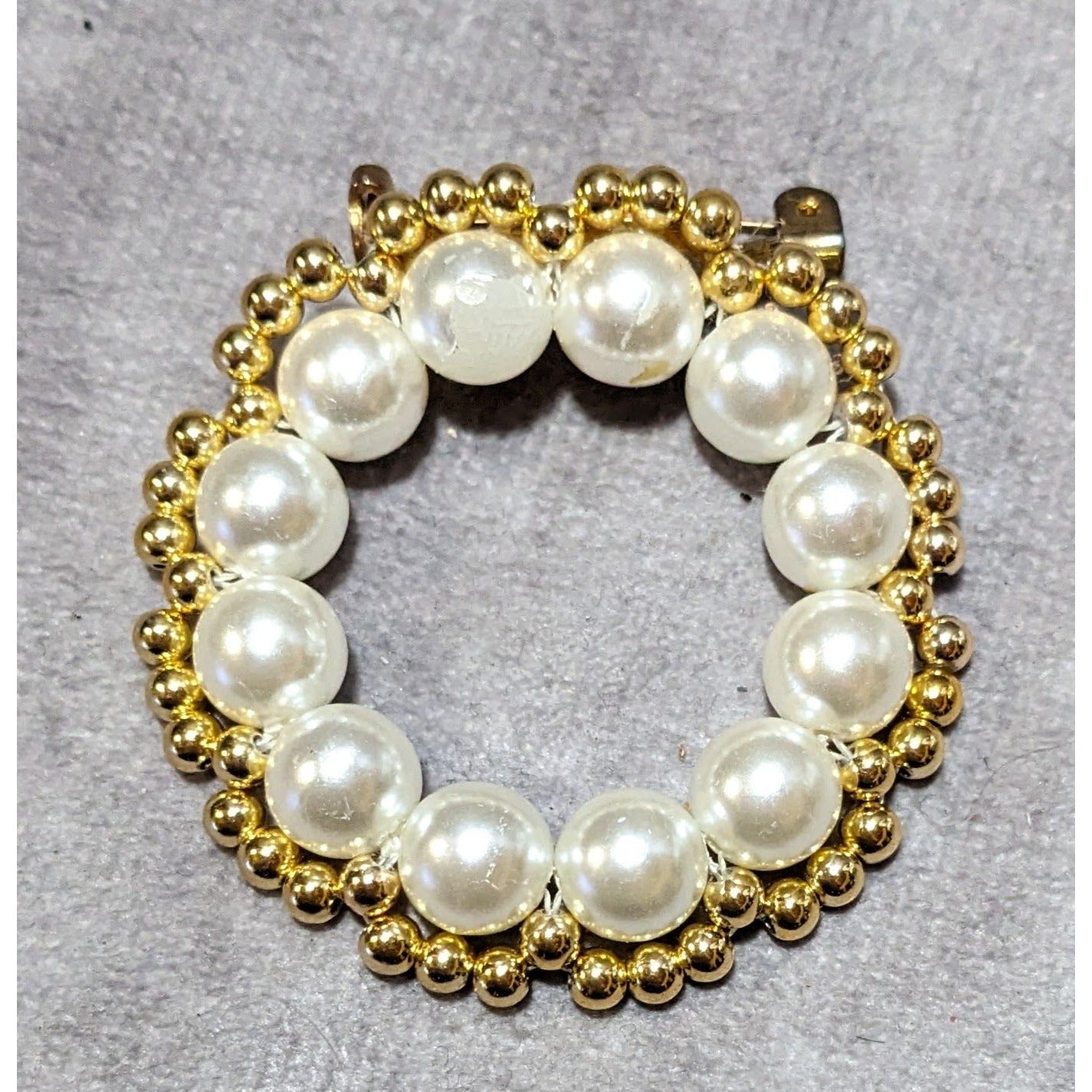 Handmade Beaded Gold Tone Faux Pearl Wreath Brooch