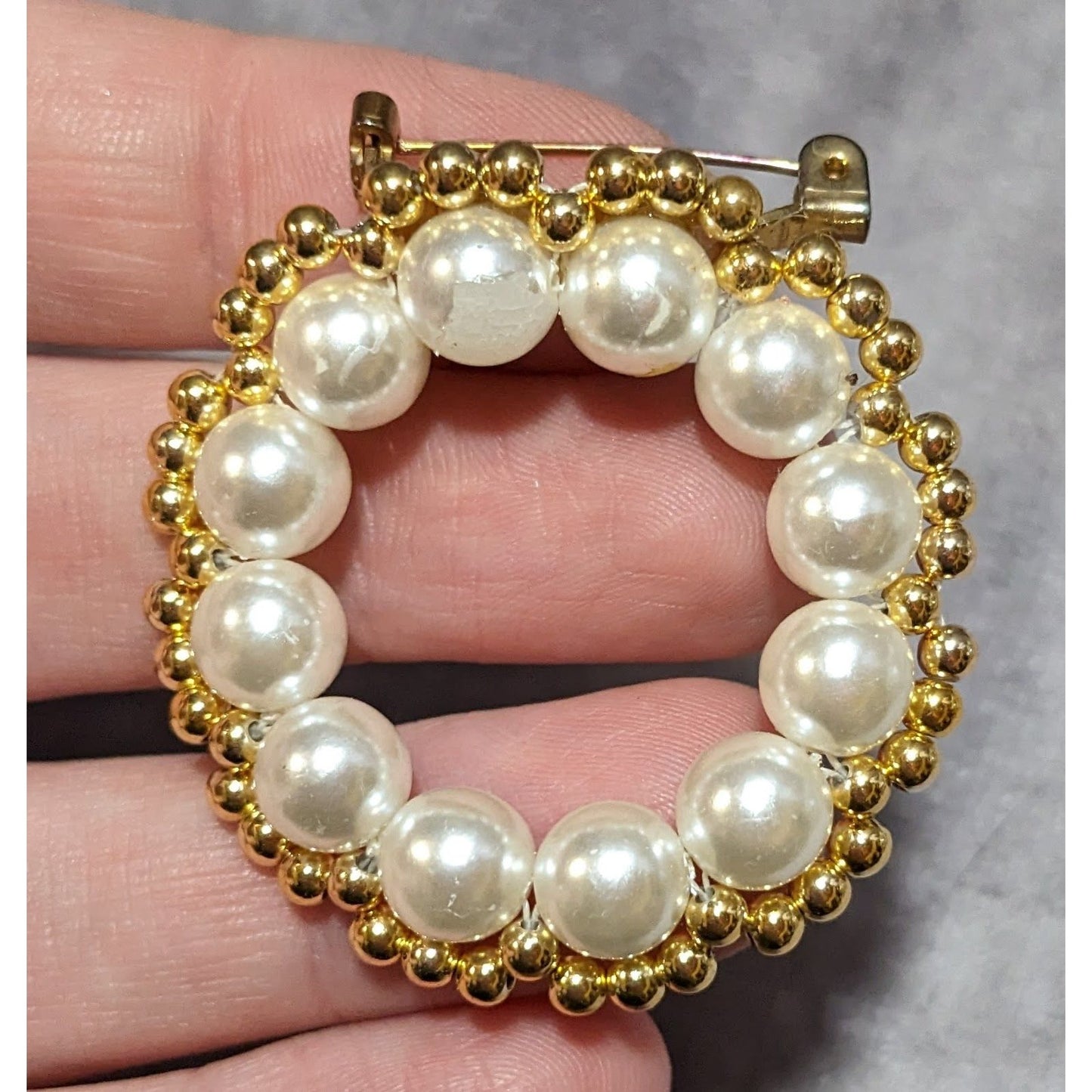 Handmade Beaded Gold Tone Faux Pearl Wreath Brooch