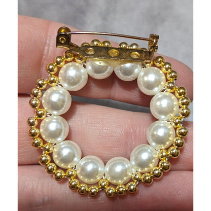 Handmade Beaded Gold Tone Faux Pearl Wreath Brooch