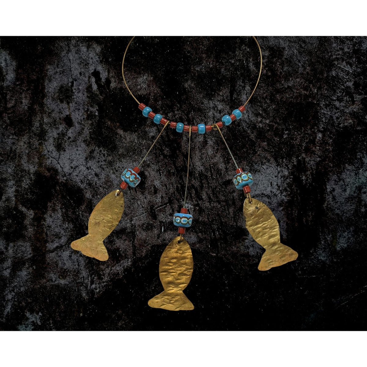 Vintage Boho Glass Turquoise Red Brass Fish Charm Necklace 17 Inch