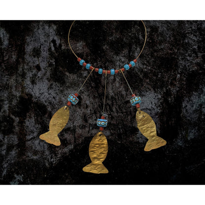 Vintage Boho Glass Turquoise Red Brass Fish Charm Necklace 17 Inch
