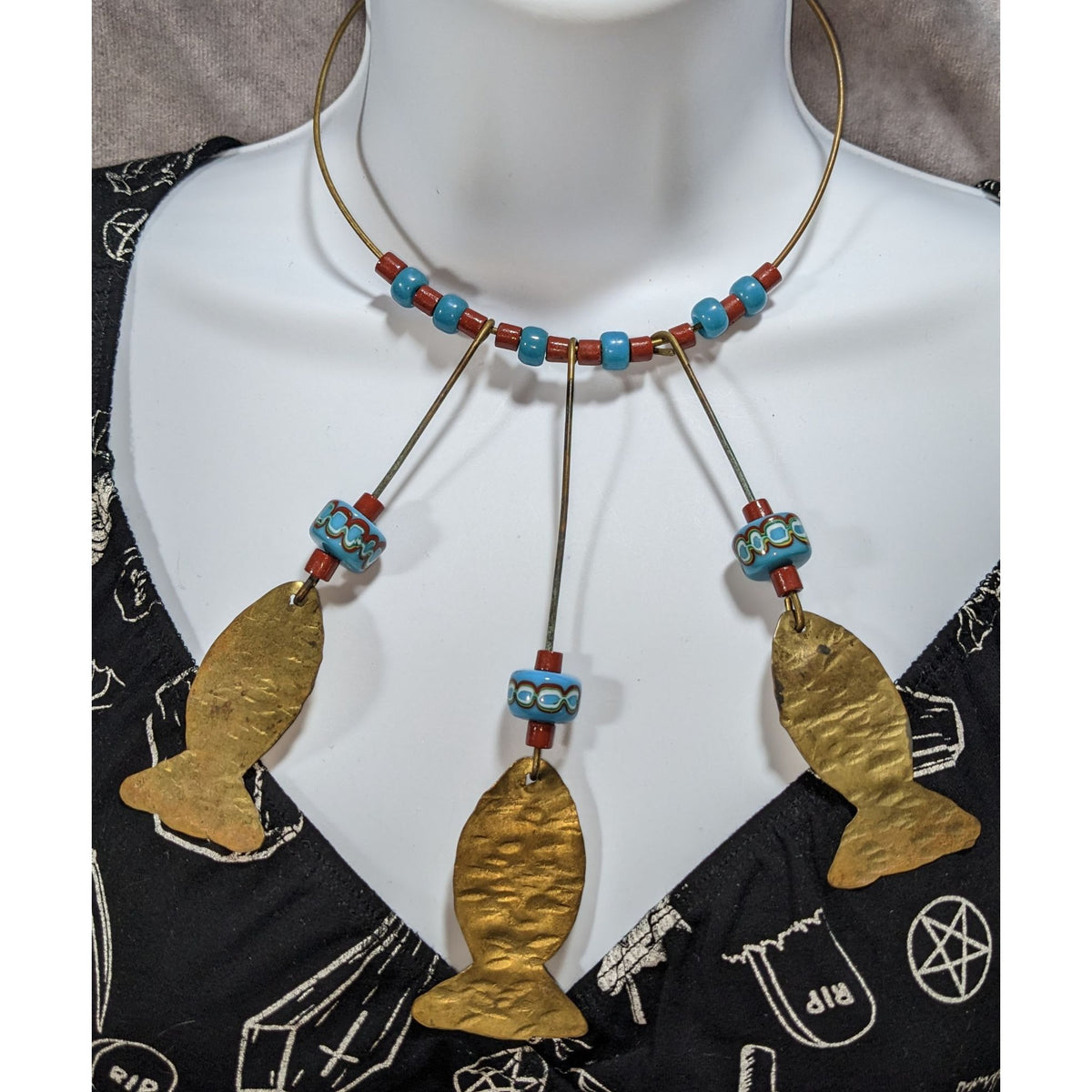 Vintage Boho Glass Turquoise Red Brass Fish Charm Necklace 17 Inch