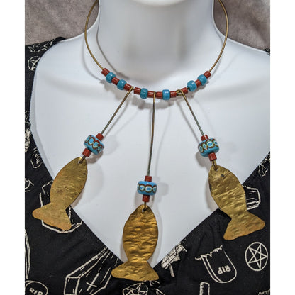 Vintage Boho Glass Turquoise Red Brass Fish Charm Necklace 17 Inch