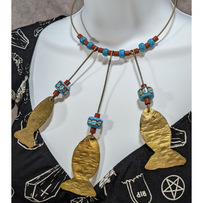 Vintage Boho Glass Turquoise Red Brass Fish Charm Necklace 17 Inch