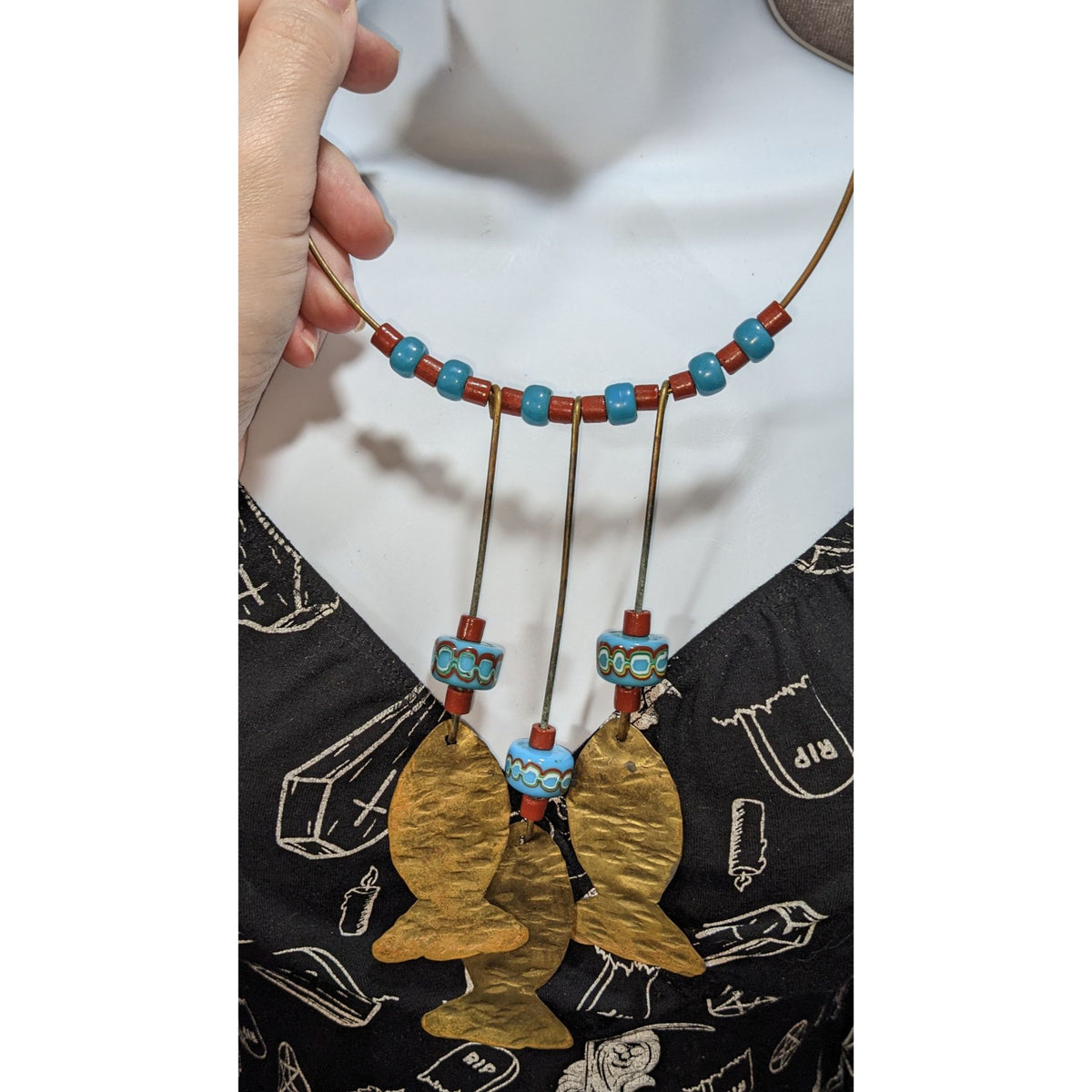 Vintage Boho Glass Turquoise Red Brass Fish Charm Necklace 17 Inch