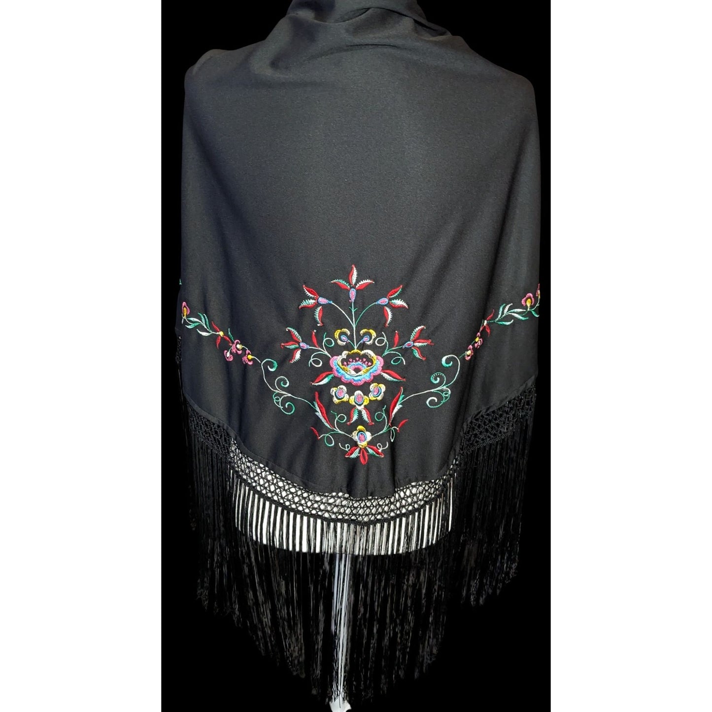 Vintage Floral Hand Embroidered Triangle Scarf With Fringe