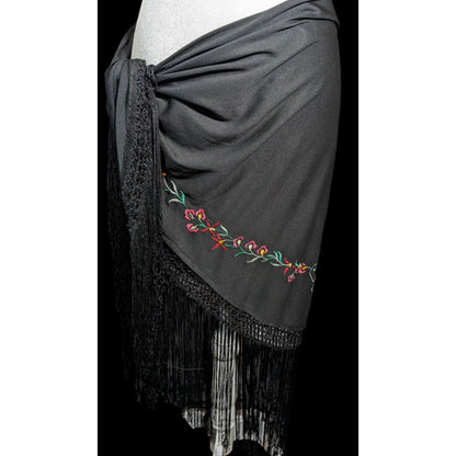 Vintage Floral Hand Embroidered Triangle Scarf With Fringe