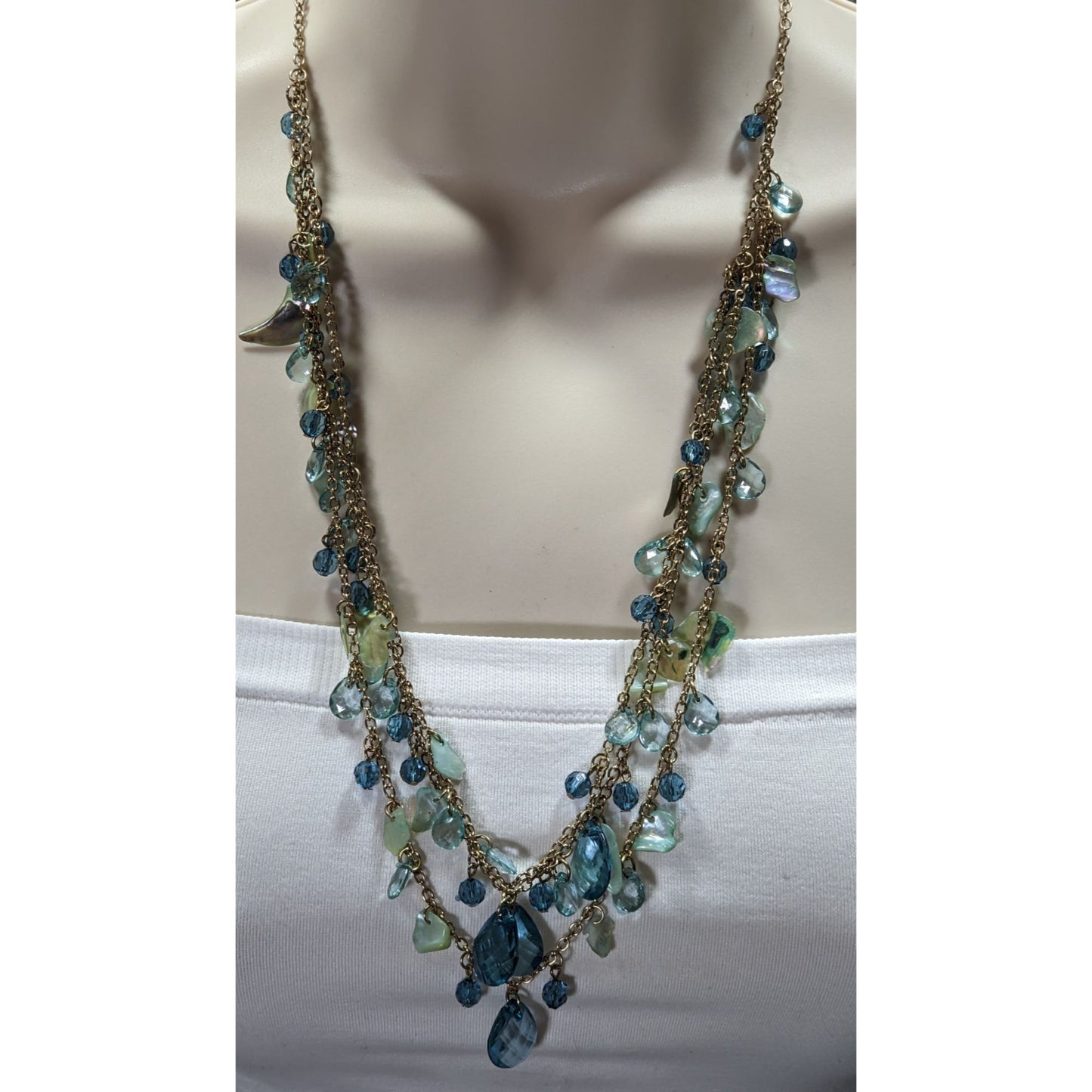 Bohemian Multilayer Necklace With Blue Shell and Faceted Beads