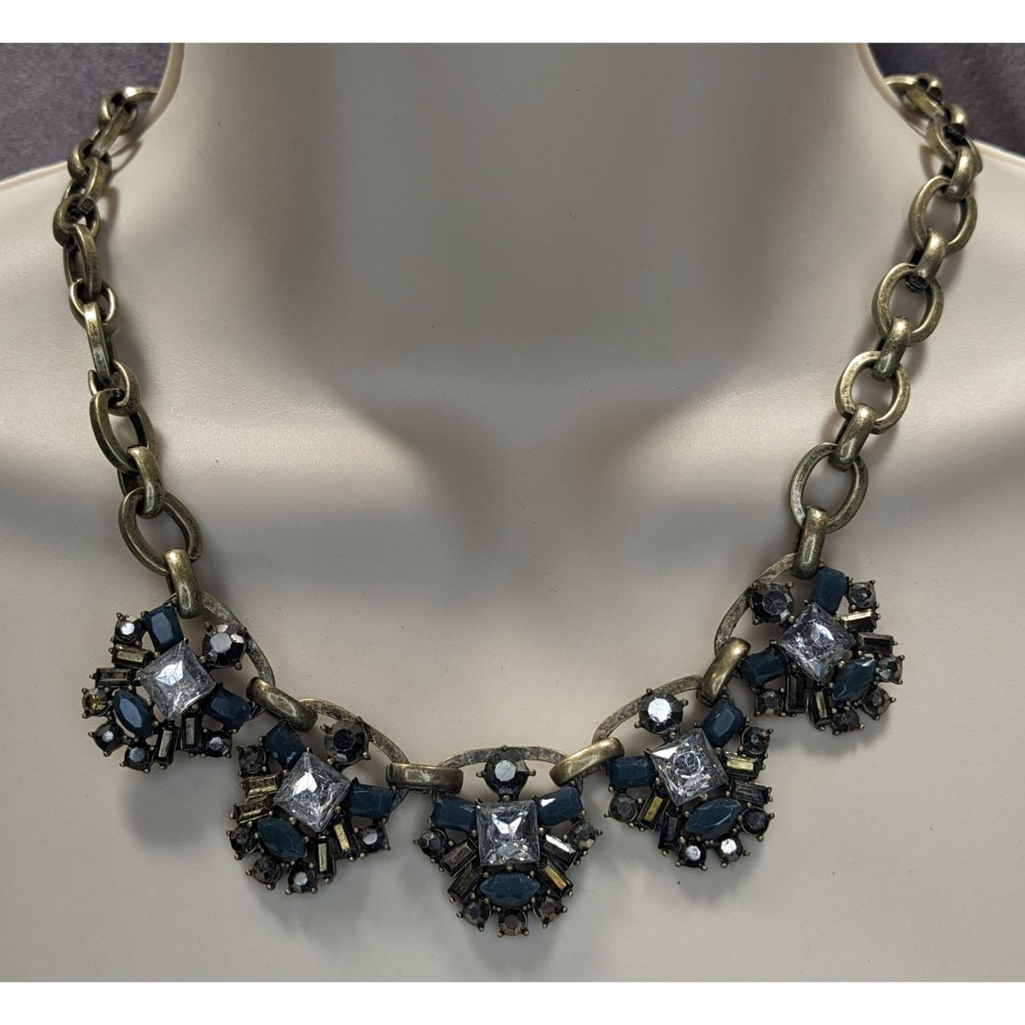 Loft Chunky Statement Necklace With Blue & Clear Gemstones