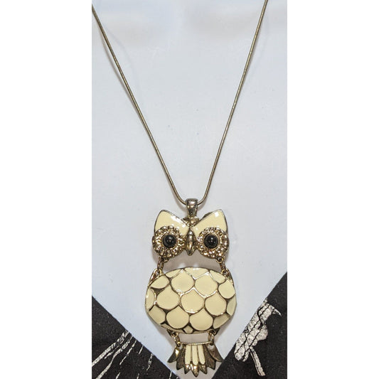 Whimsigoth Coquette Owl Pendant Necklace White Enamel Gold Tone Nature Cottagecore