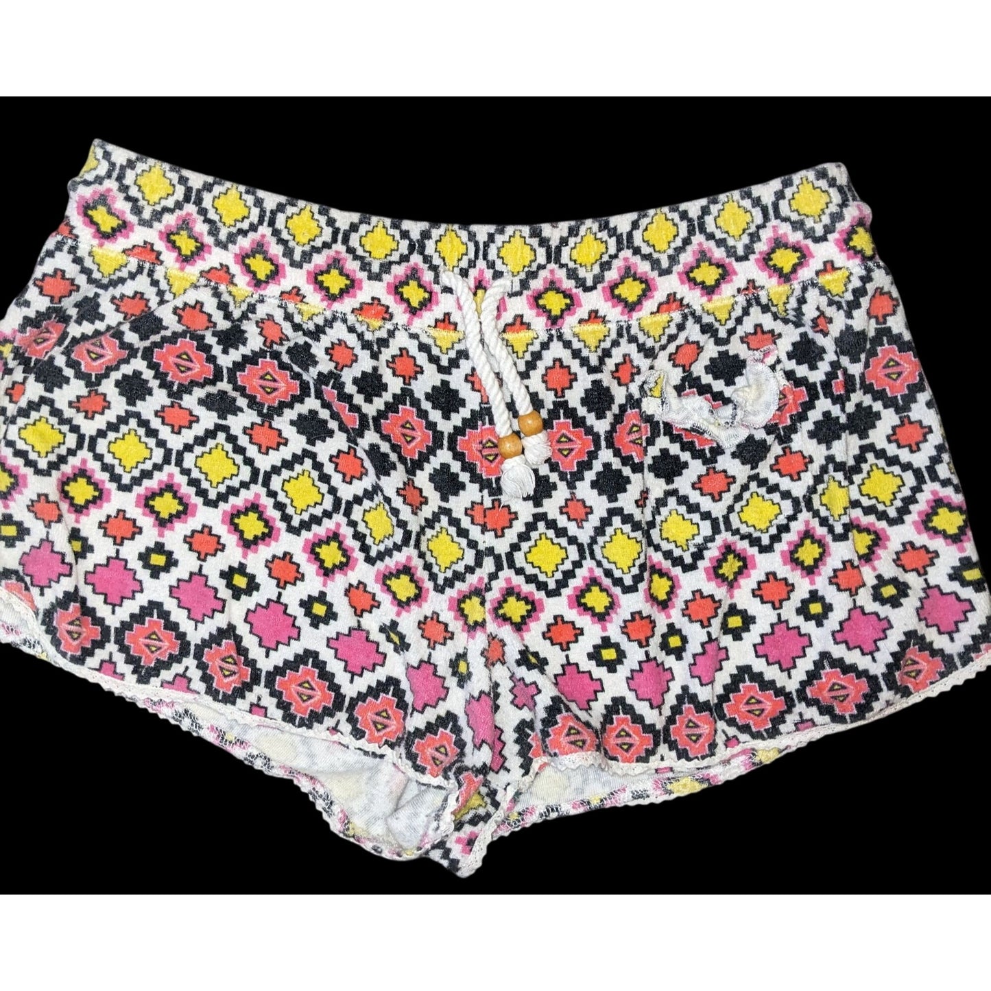 Kensie Womens 70s Style Terry Shorts Medium Aztec Print Elastic Drawstring Waist