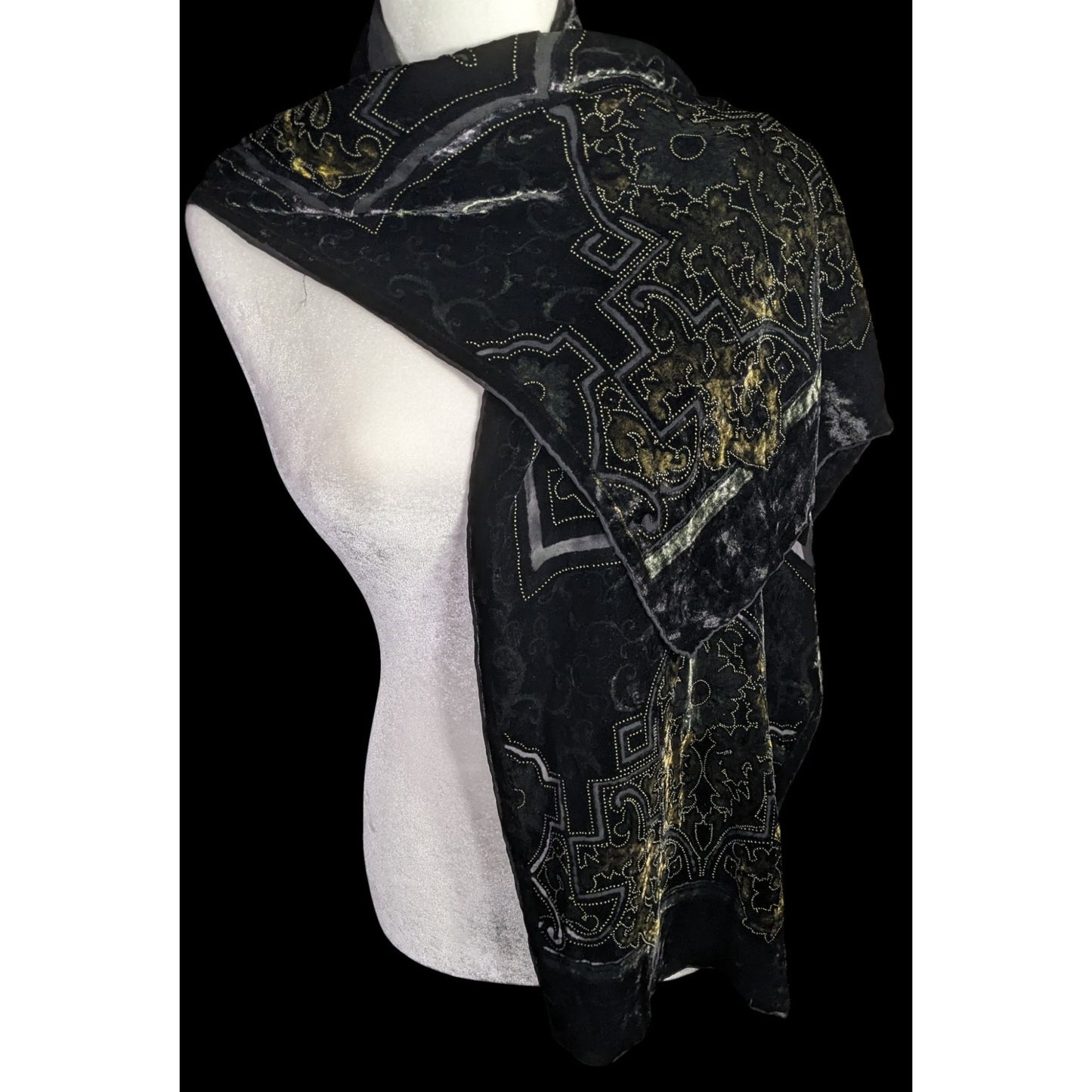 Chicos Black Burnt Velvet Scarf With Gold Baroque Print