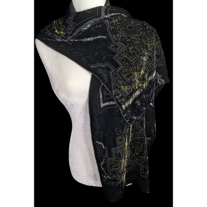 Chicos Black Burnt Velvet Scarf With Gold Baroque Print