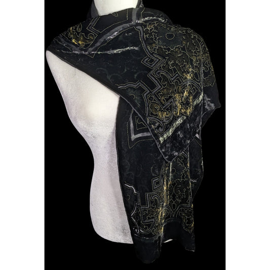 Chicos Black Burnt Velvet Scarf With Gold Baroque Print