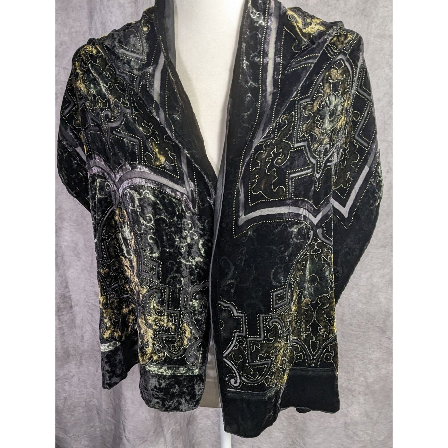 Chicos Black Burnt Velvet Scarf With Gold Baroque Print