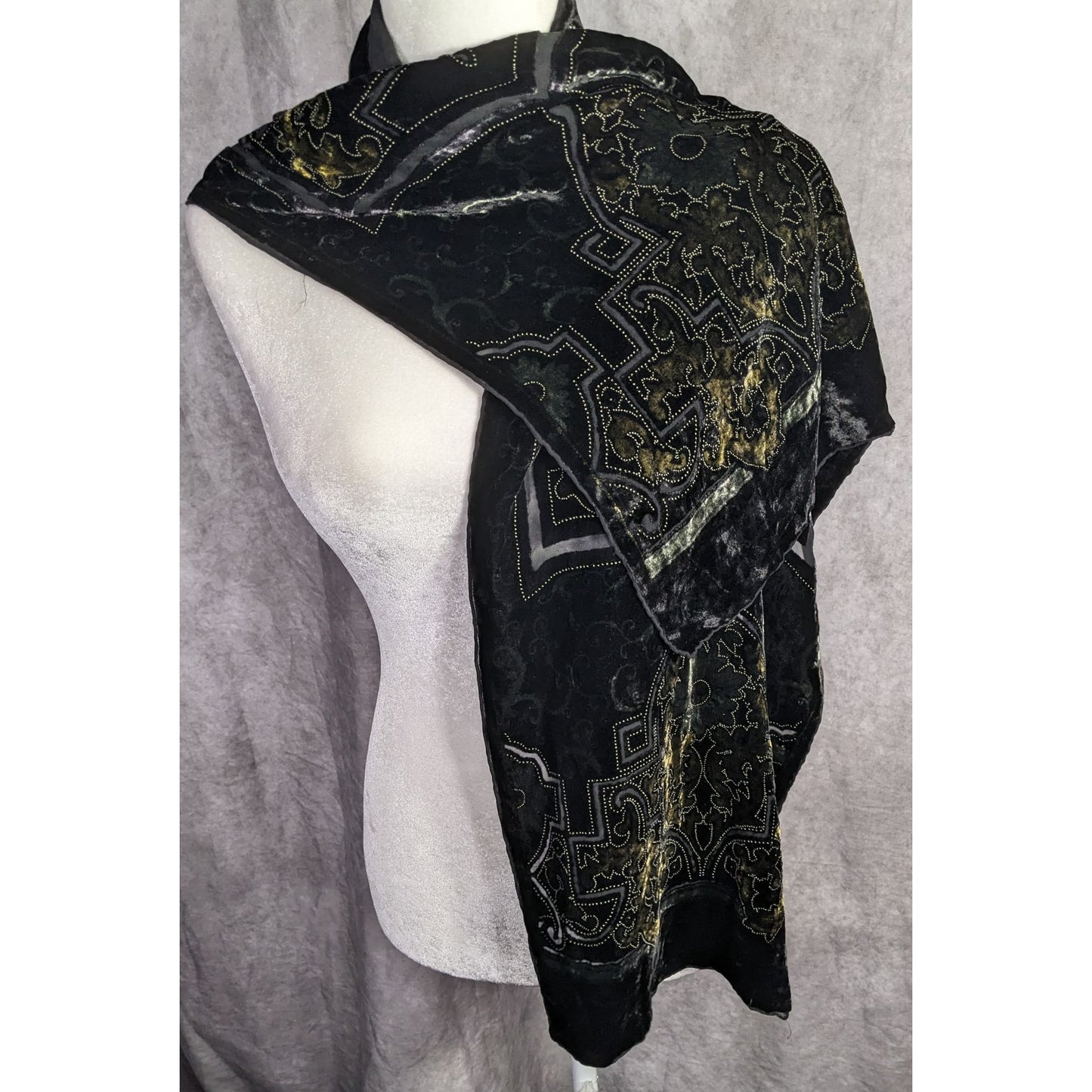 Chicos Black Burnt Velvet Scarf With Gold Baroque Print