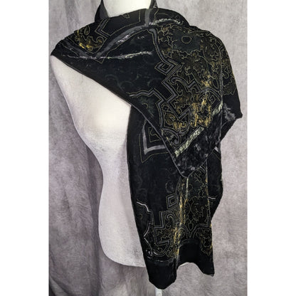 Chicos Black Burnt Velvet Scarf With Gold Baroque Print